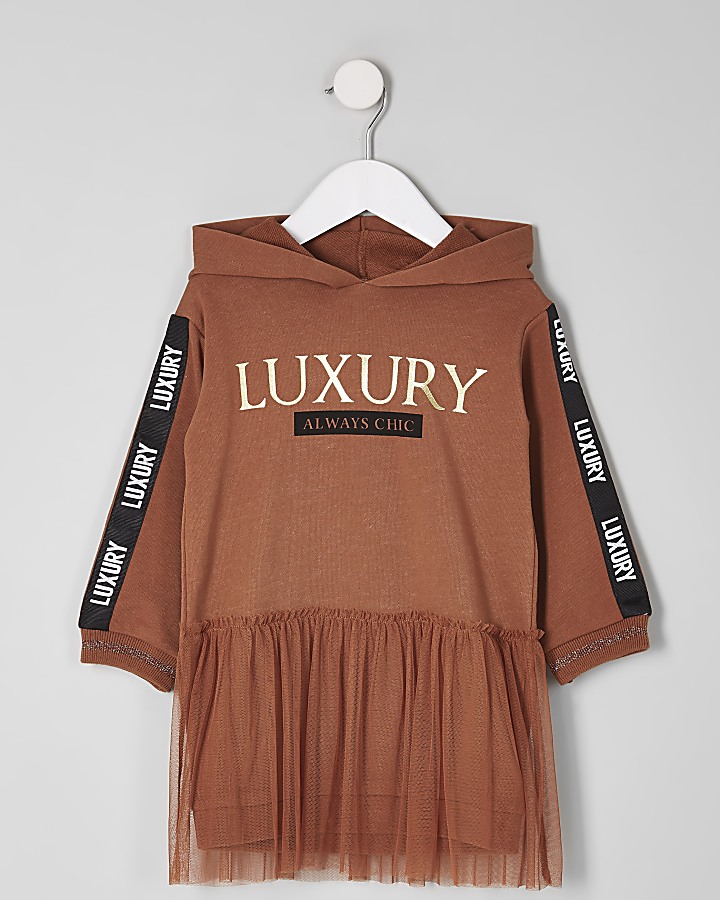Mini girls rust ‘luxury’ mesh hem sweat dress