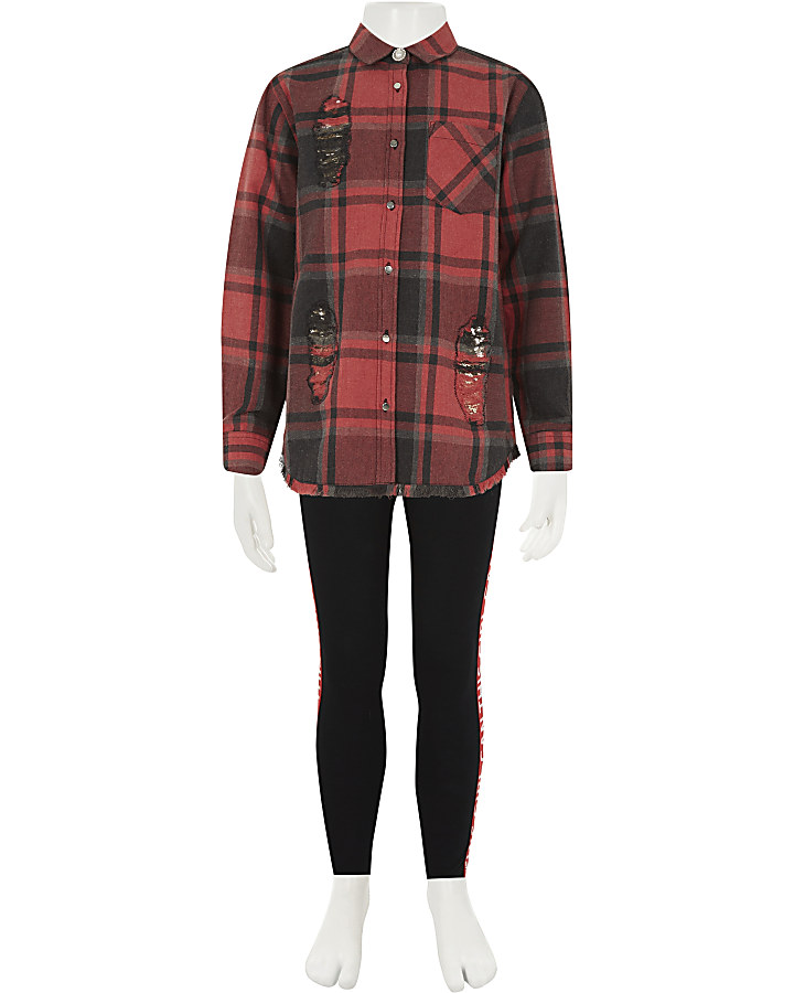 Girls red check shirt and leggings outfit