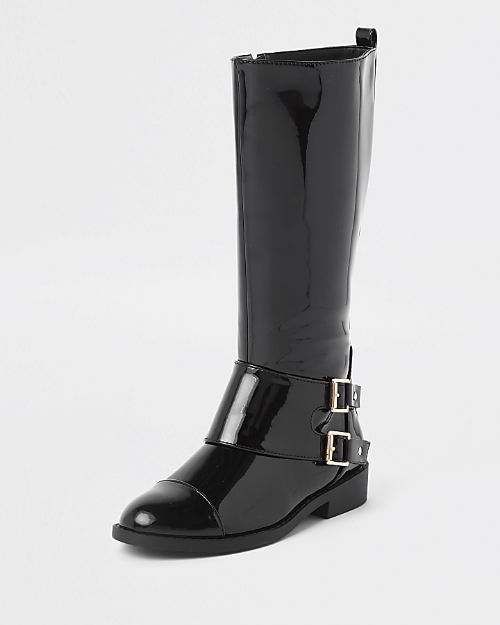 Girls black buckle patent knee high boots