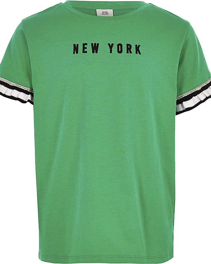 Girls green ‘New York’ frill sleeve T-shirt