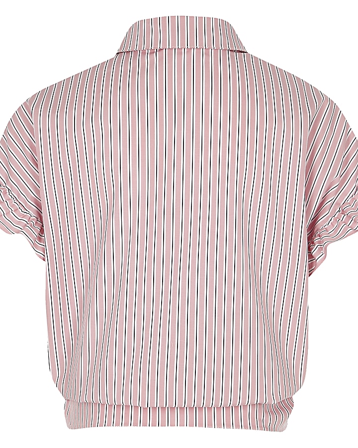 Girls pink stripe frill sleeve shirt