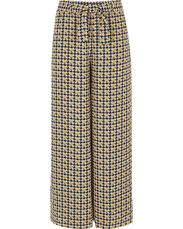 Girls brown dogtooth check wide leg trousers