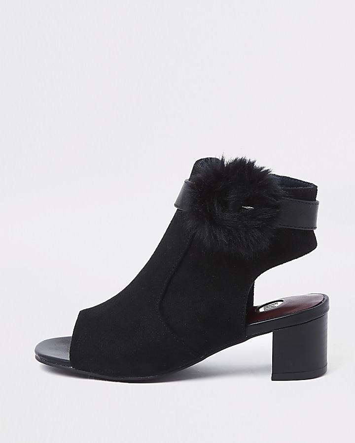 Girls black faux fur buckle shoe boots