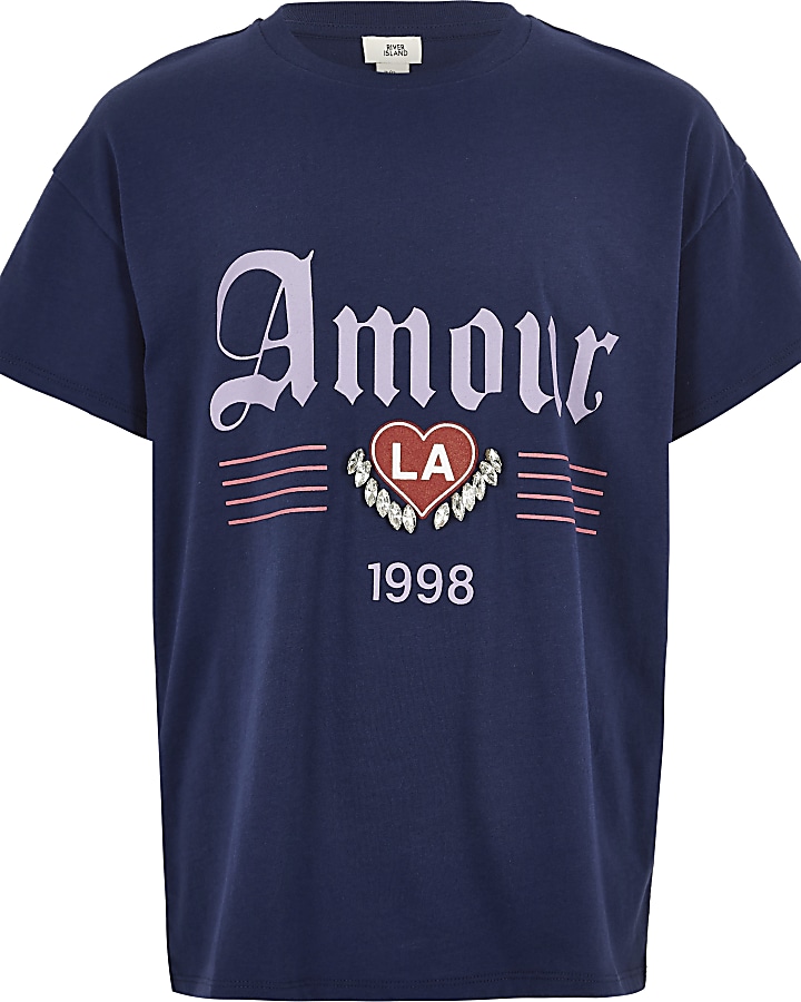 Girls navy ‘amour’ jewel embellished T-shirt