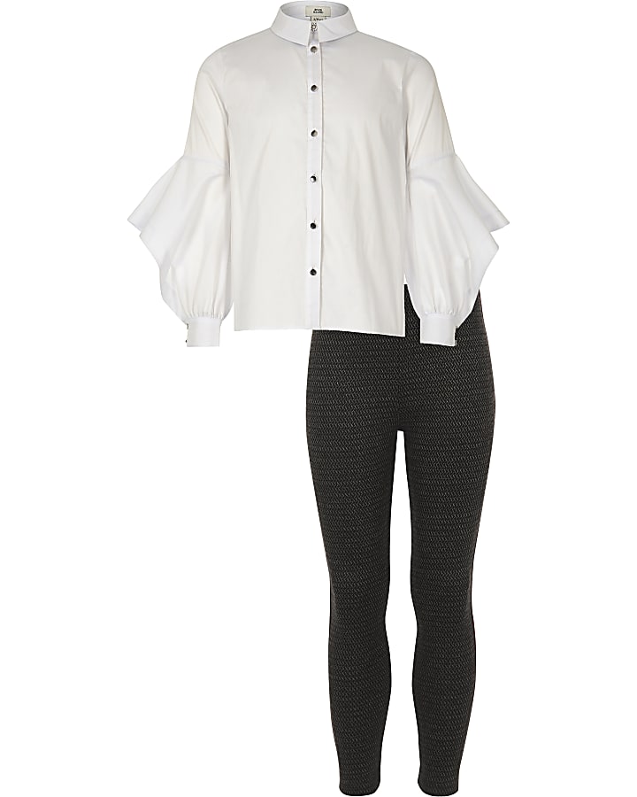 Girls white button shirt and leggings outfit