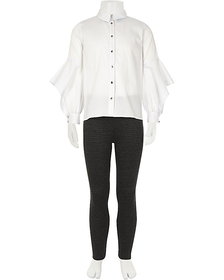 Girls white button shirt and leggings outfit