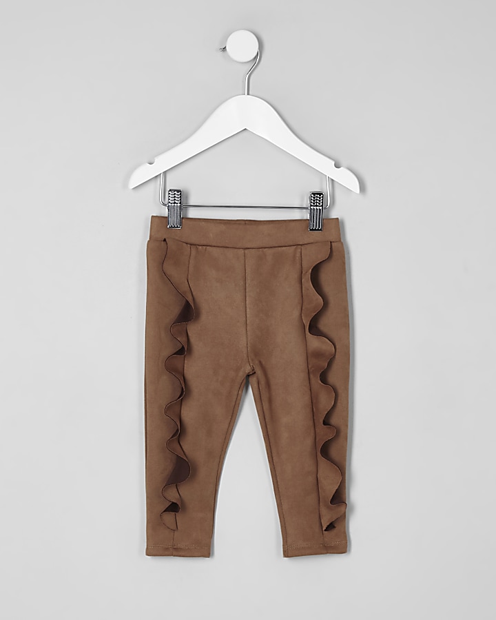 Mini girls brown faux suede frill leggings