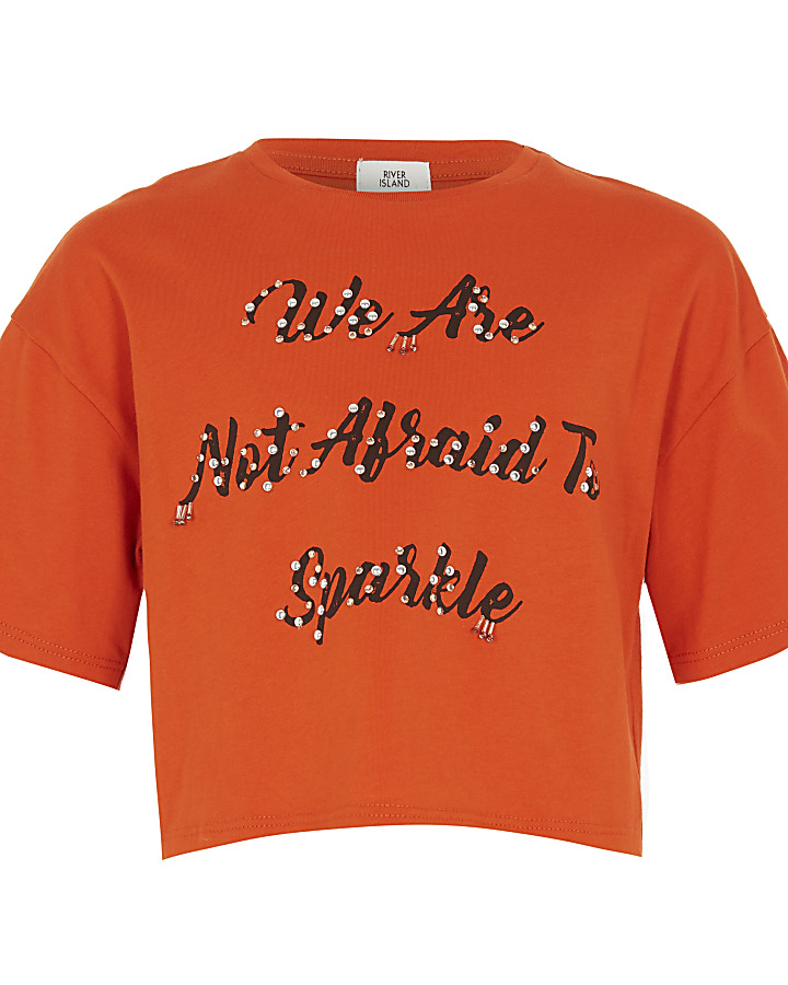 Girls orange ‘not afraid’ embellished T-shirt
