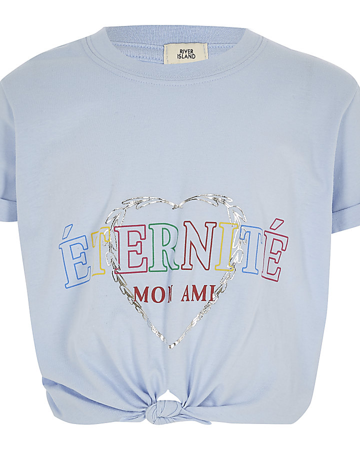Girls blue ‘Eternite’ knot front T-shirt
