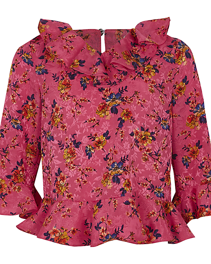 Girls pink floral ruffle neck blouse