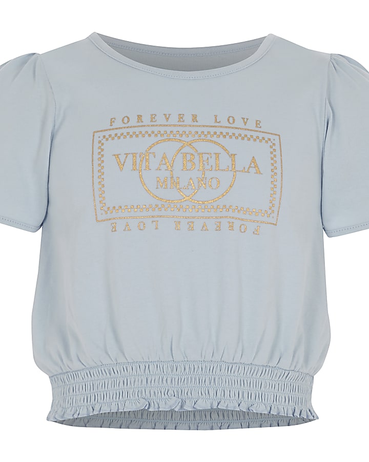 Girls blue 'forever love' puff sleeve top