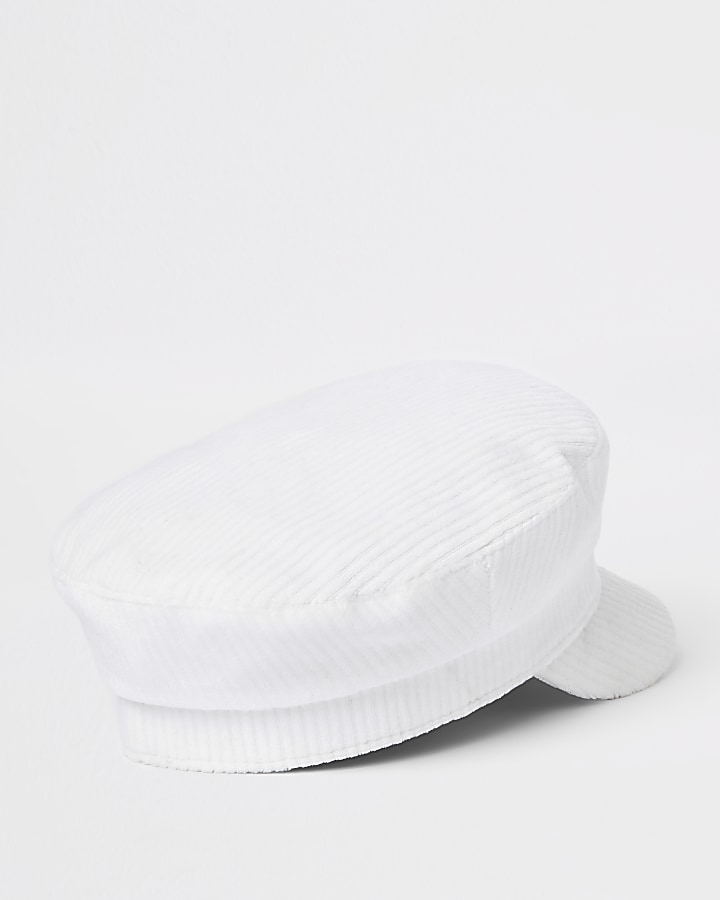 Girls white cord baker boy hat