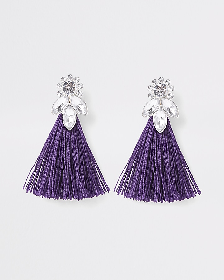 Girls purple tassel diamante jewel earrings