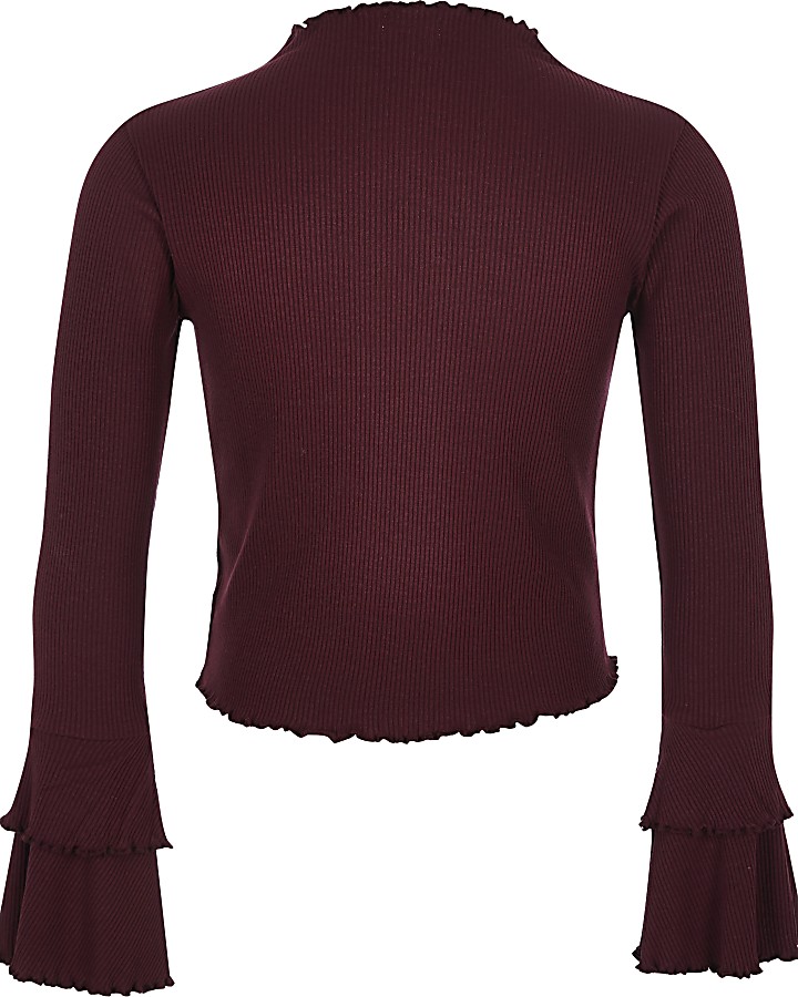 Girls dark red ribbed frill sleeve top
