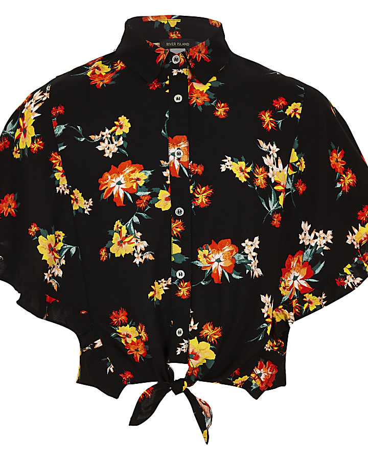 Girls black floral tie front shirt