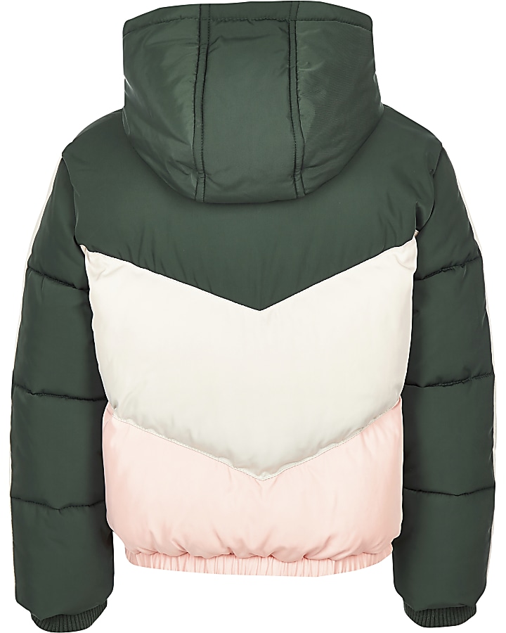 Girls green colour block hooded puffer coat