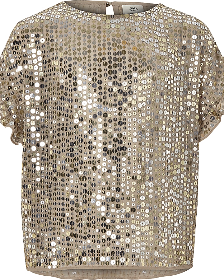 Girls gold sequin frill sleeve T-shirt