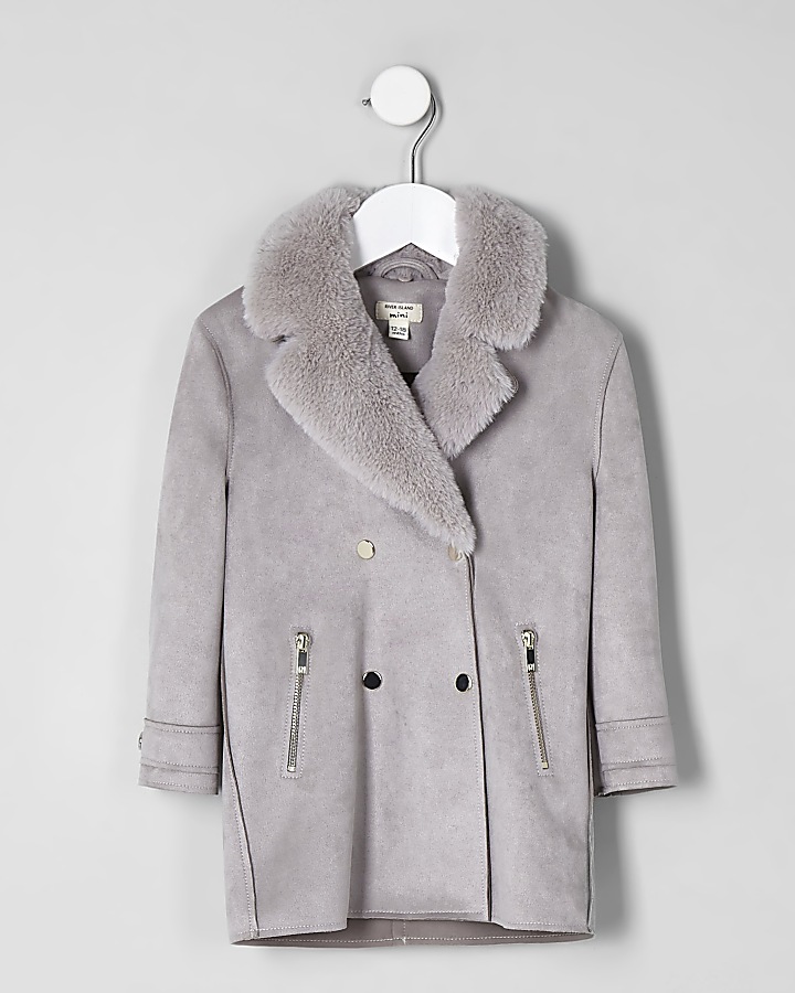 Mini girls light grey faux fur suede coat