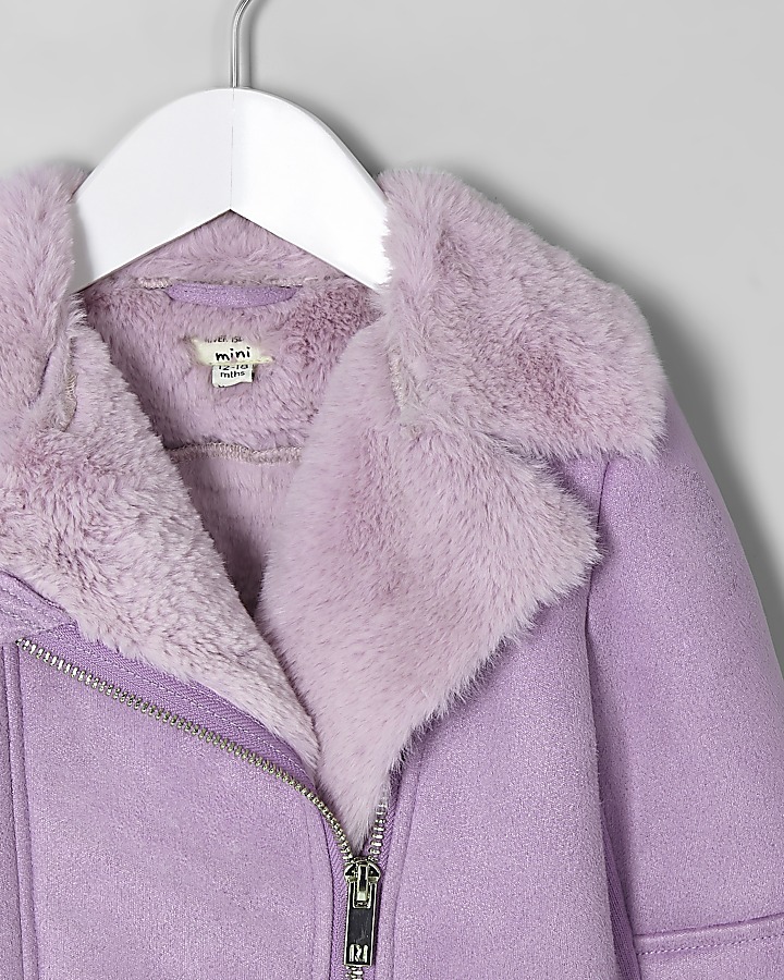 Mini girls lilac faux fur aviator jacket