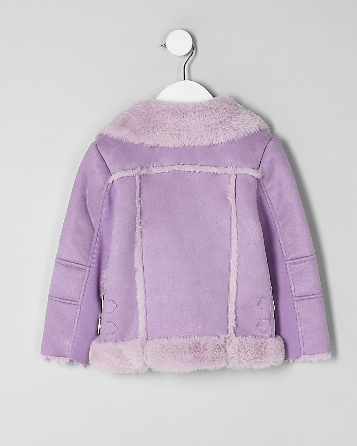 Mini girls lilac faux fur aviator jacket
