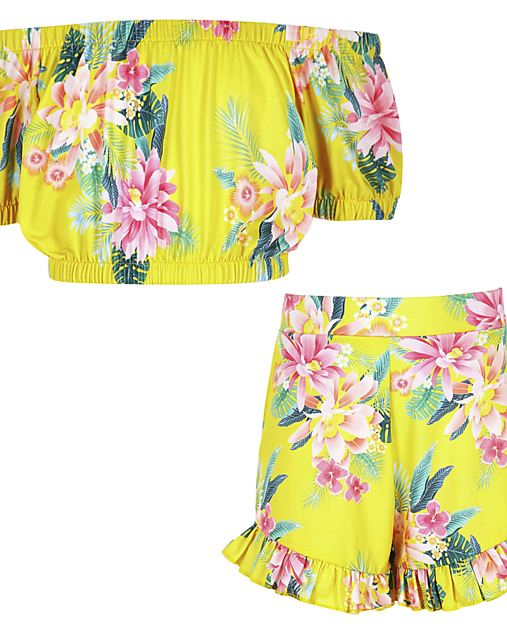 Girls yellow tropical bardot crop top outfit