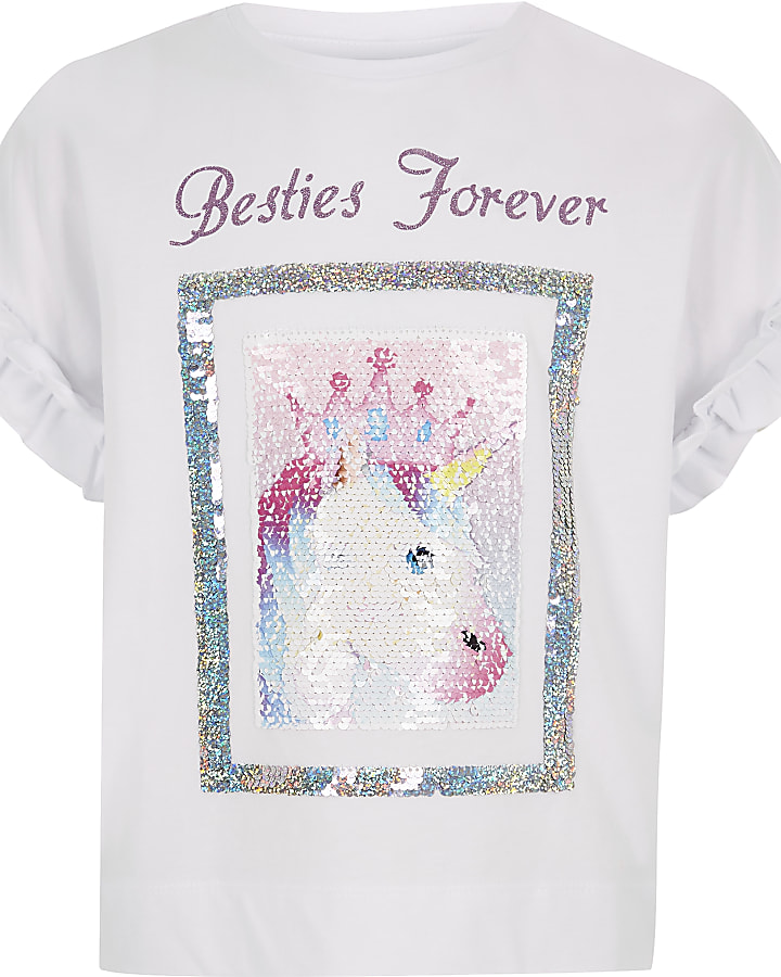 Girls white ‘besties forever’ sequin T-shirt