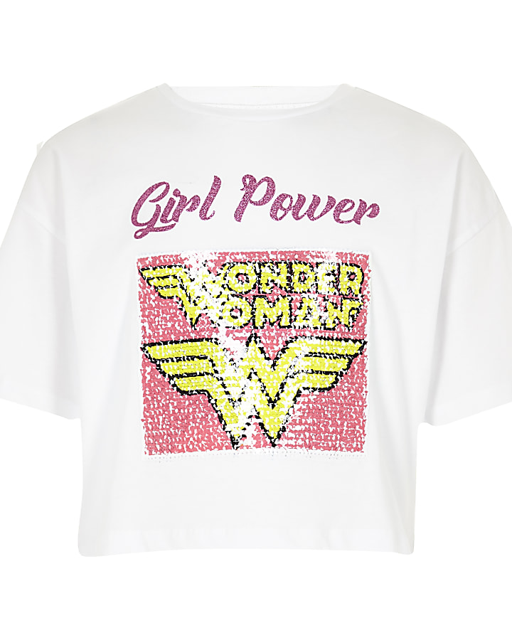 Girls Wonder Woman white sequin T-shirt