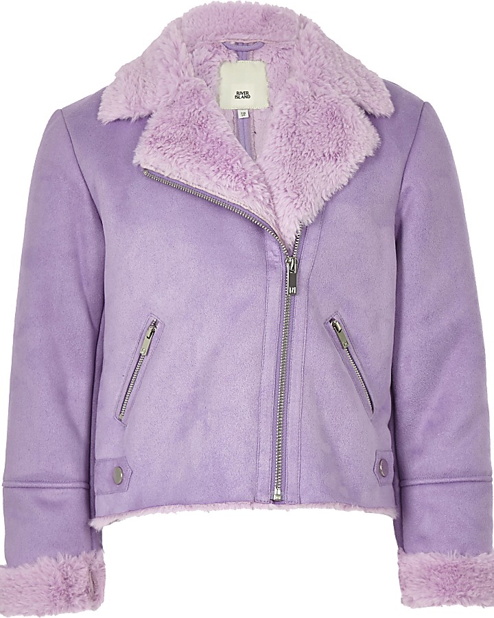 Girls lilac faux suede fur biker jacket