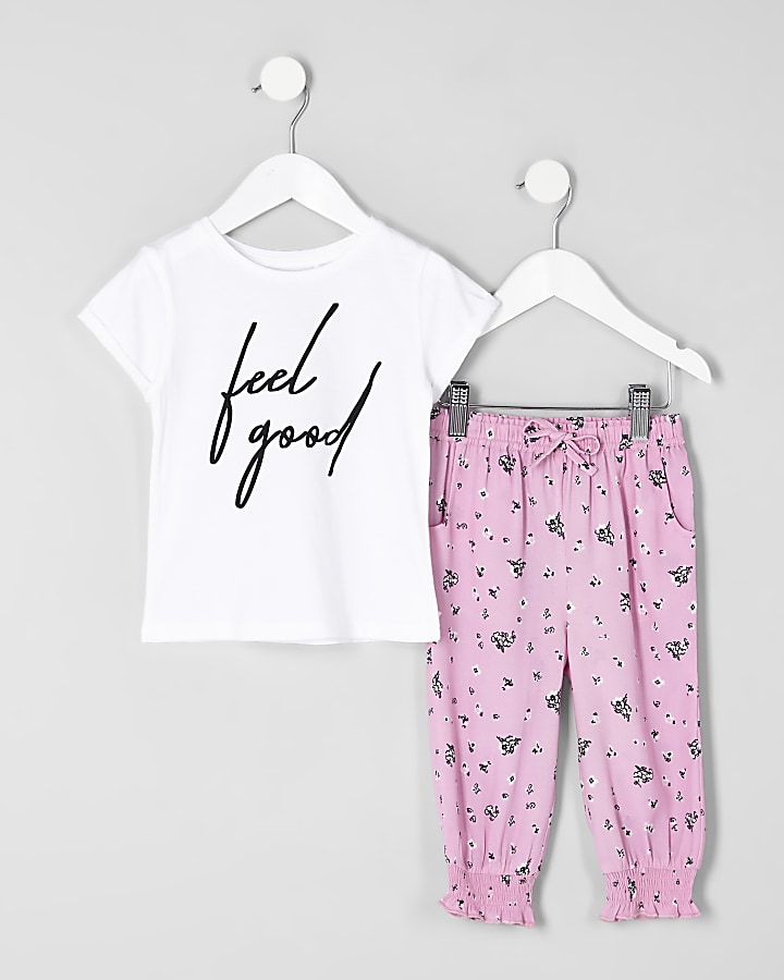 Mini girls white ‘feel good’ T-shirt outfit