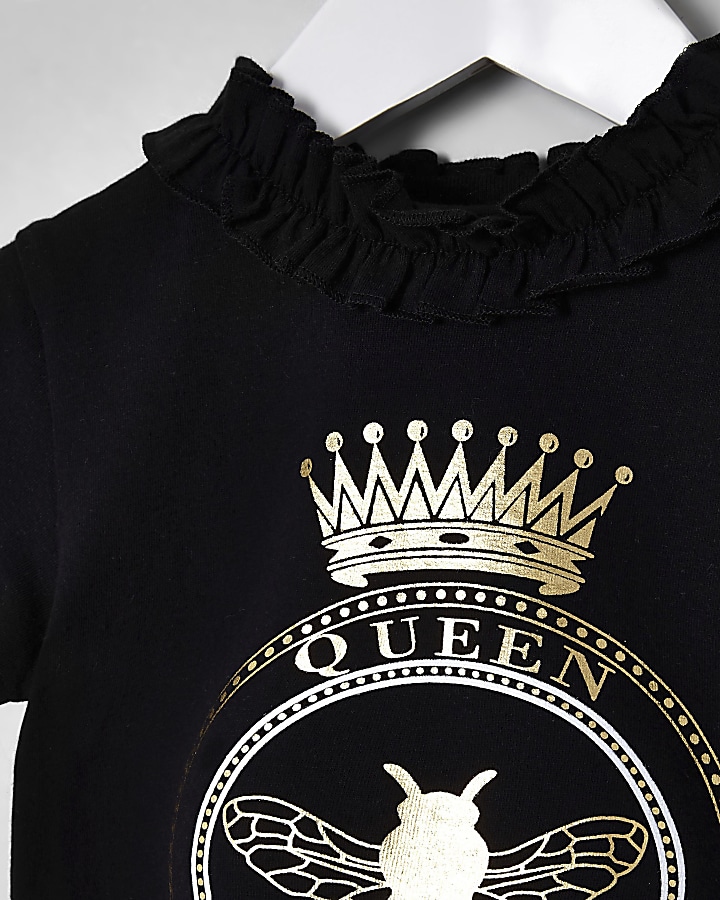 Mini girls black queen bee ruffle T-shirt