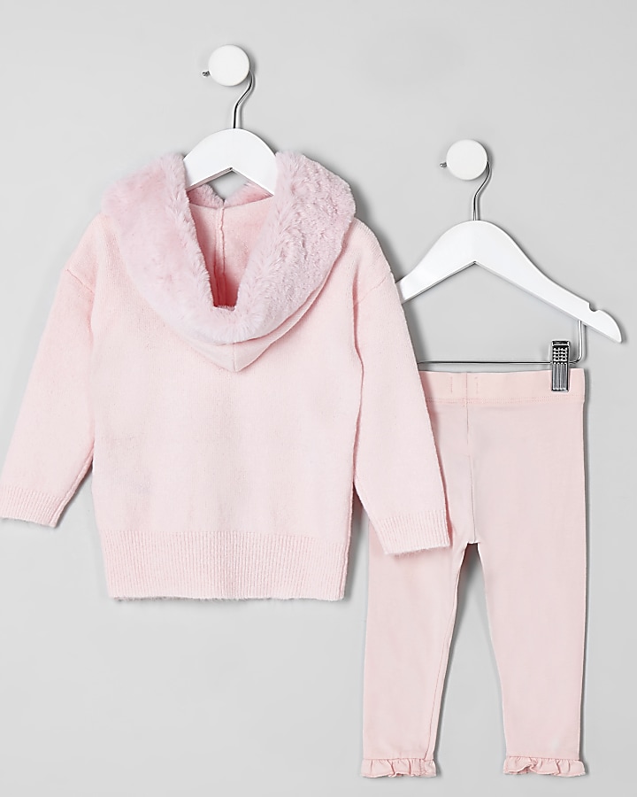 Mini girls pink faux fur hoodie outfit