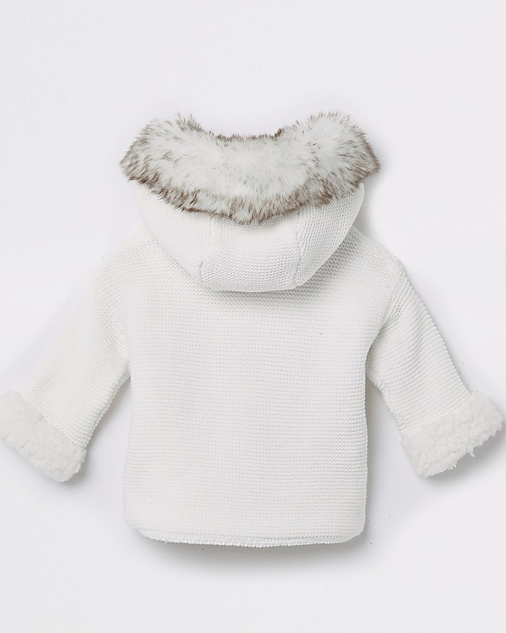 Baby white faux fur knit hooded cardigan