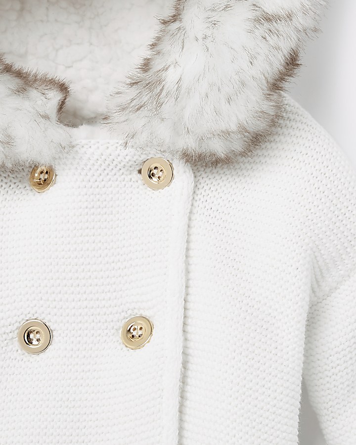 Baby white faux fur knit hooded cardigan