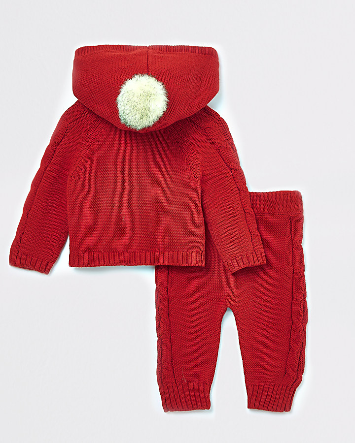 Baby red pom pom knitted cardigan outfit