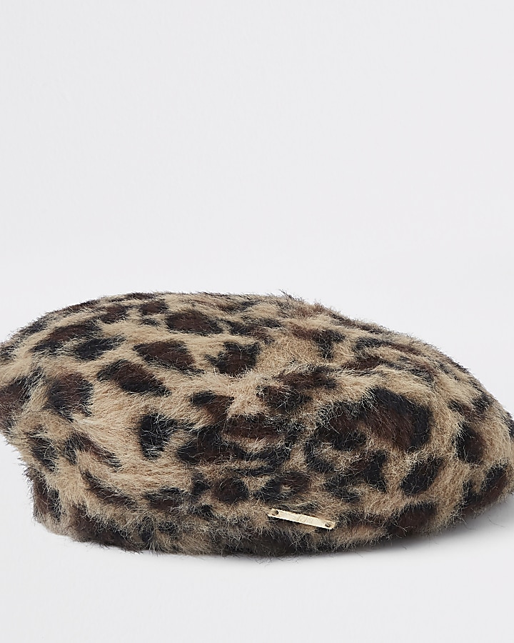 Girls brown leopard print beret