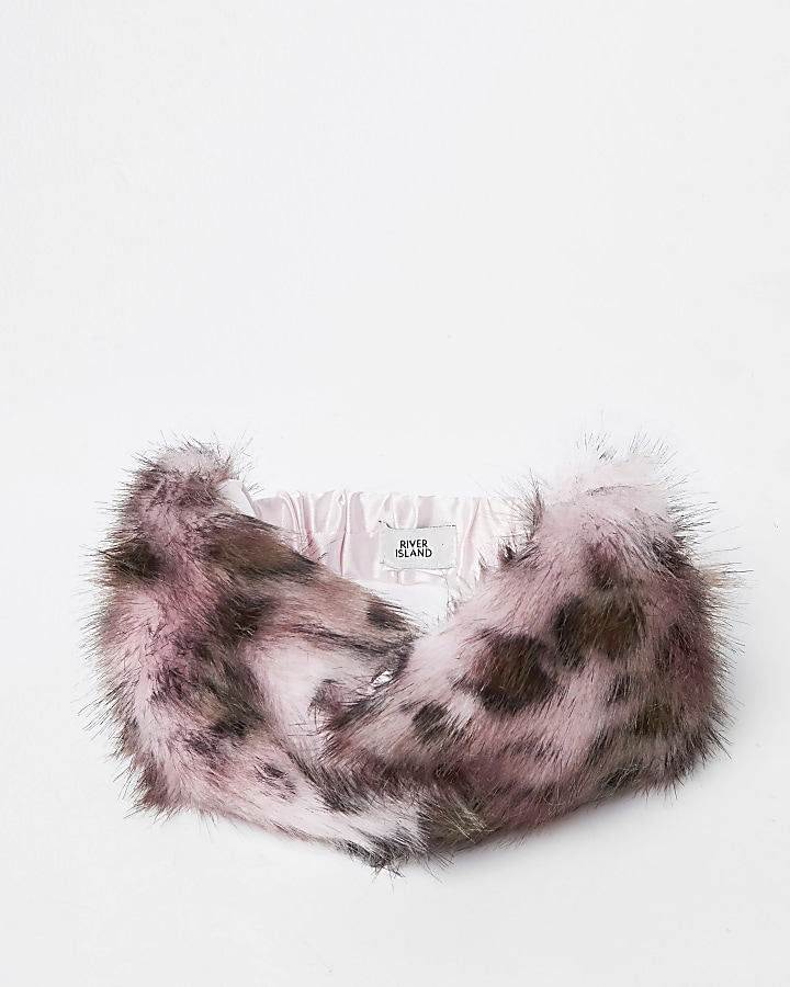 Girls pink leopard faux fur twist headband