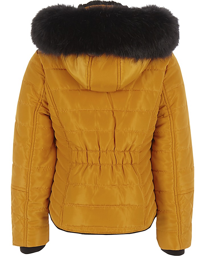 Girls yellow faux fur trim padded coat