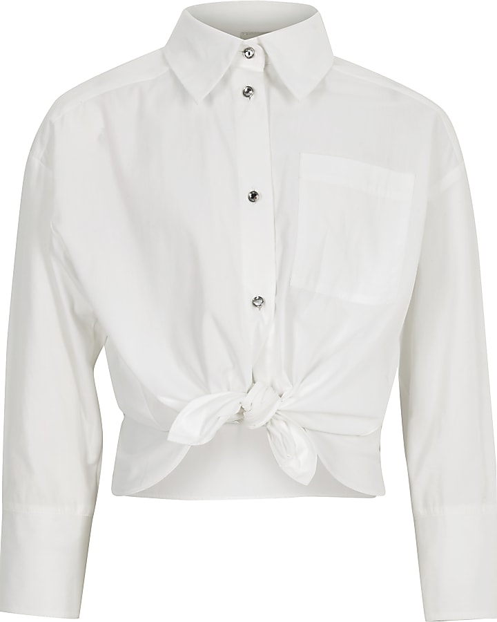 Girls white poplin jewel button shirt