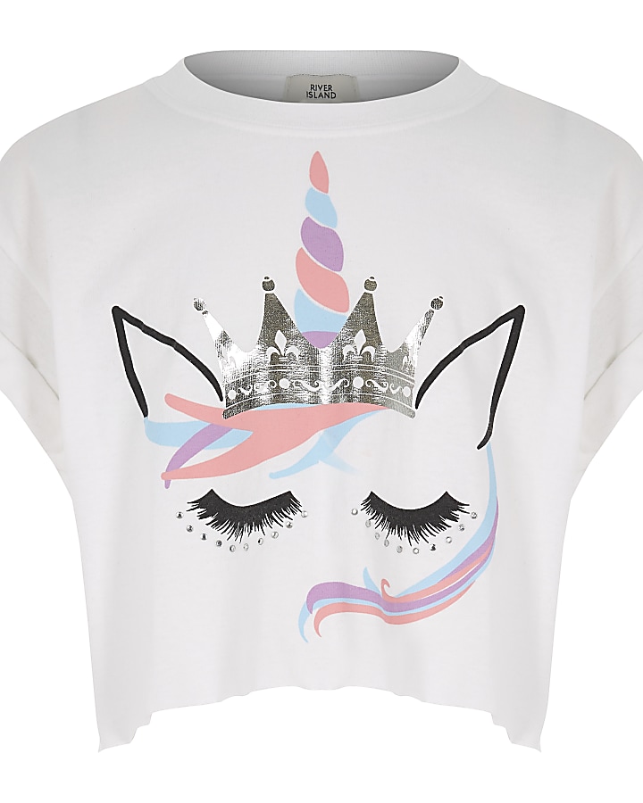 Girls white unicorn print crop T-shirt