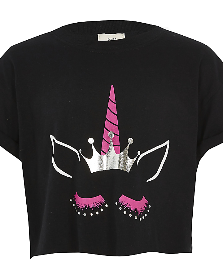 Girls black unicorn crown crop T-shirt