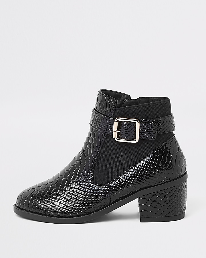 Girls black patent croc side buckle boots