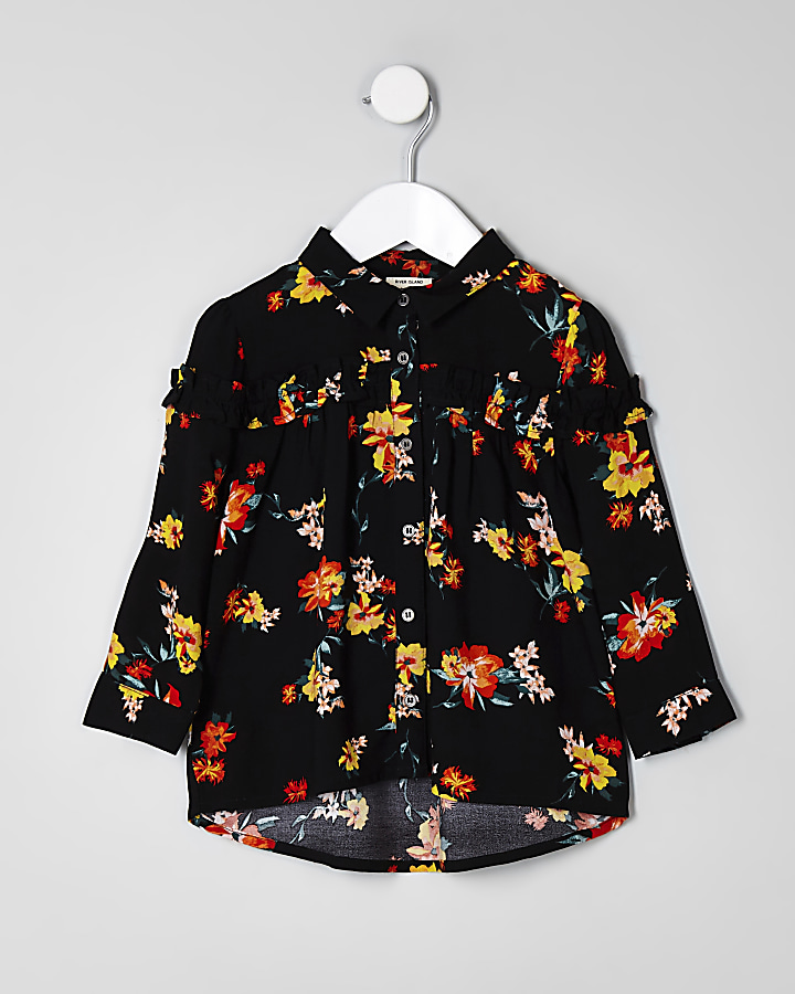 Mini girls black floral ruffle shirt