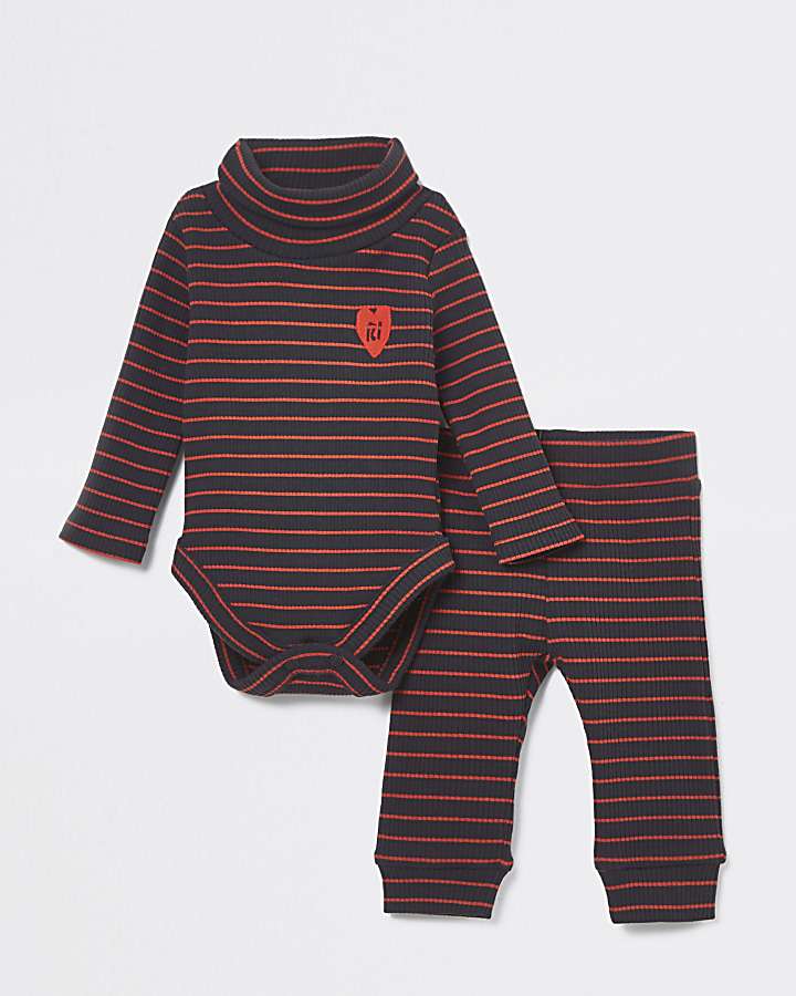 Baby navy stripe roll neck babygrow outfit