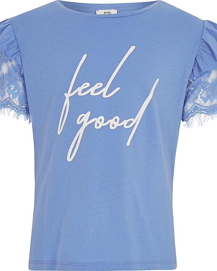 Girls blue ‘feel good’ lace sleeve T-shirt