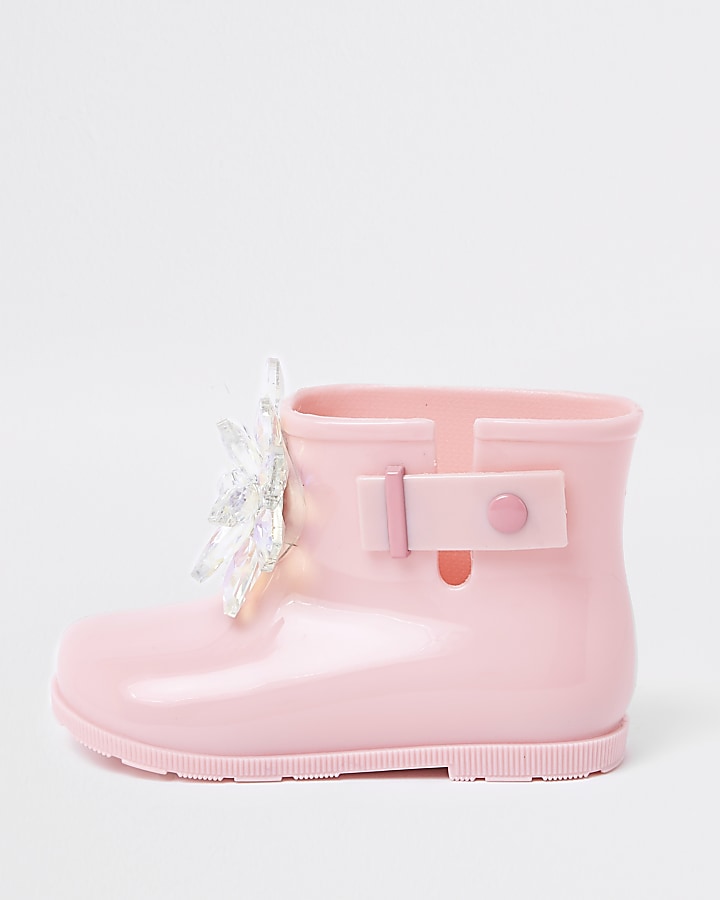 Mini girls pink patent 3D embellished wellies