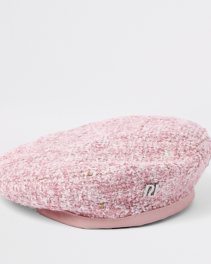Girls pink sequin boucle beret hat