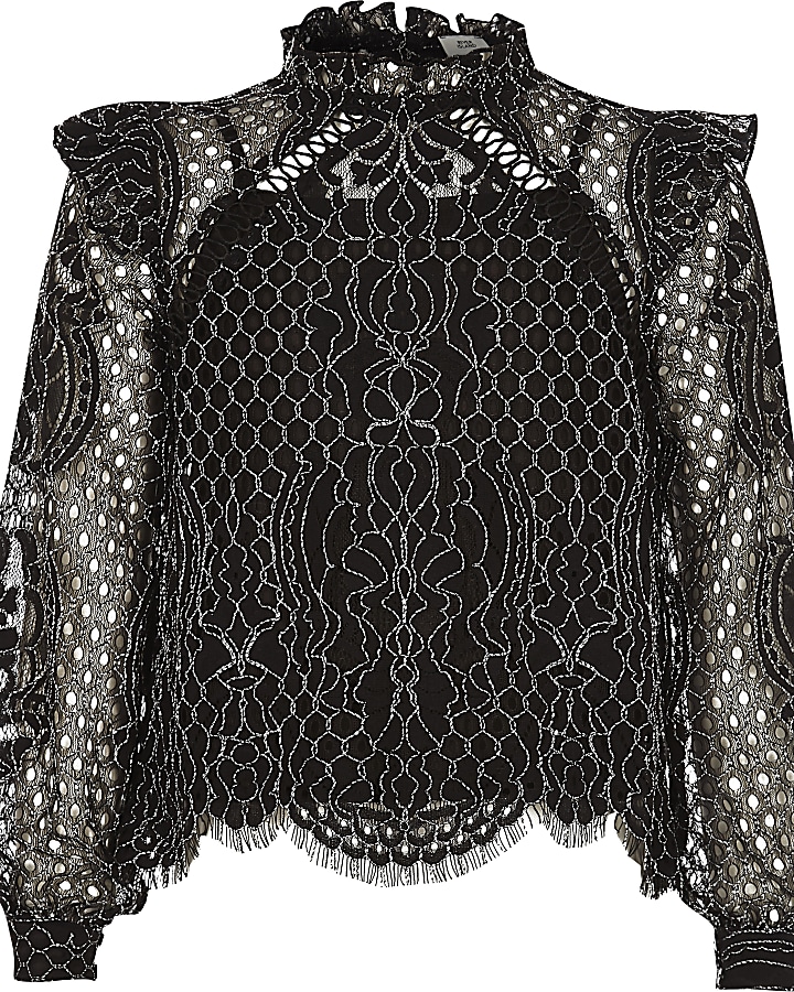 Girls black lace high neck long sleeve top