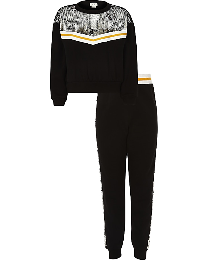Girls black sequin embellished jogger outfit