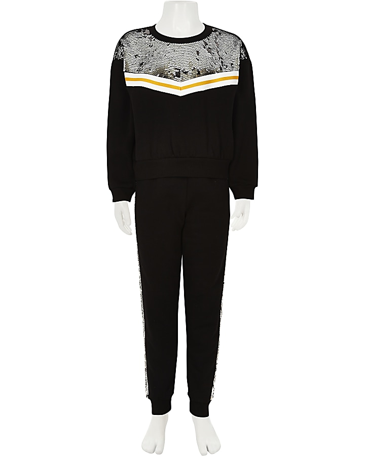 Girls black sequin embellished jogger outfit