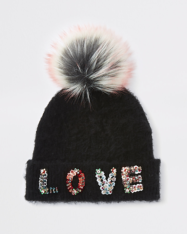 Girls black ‘Love’ faux fur beanie hat
